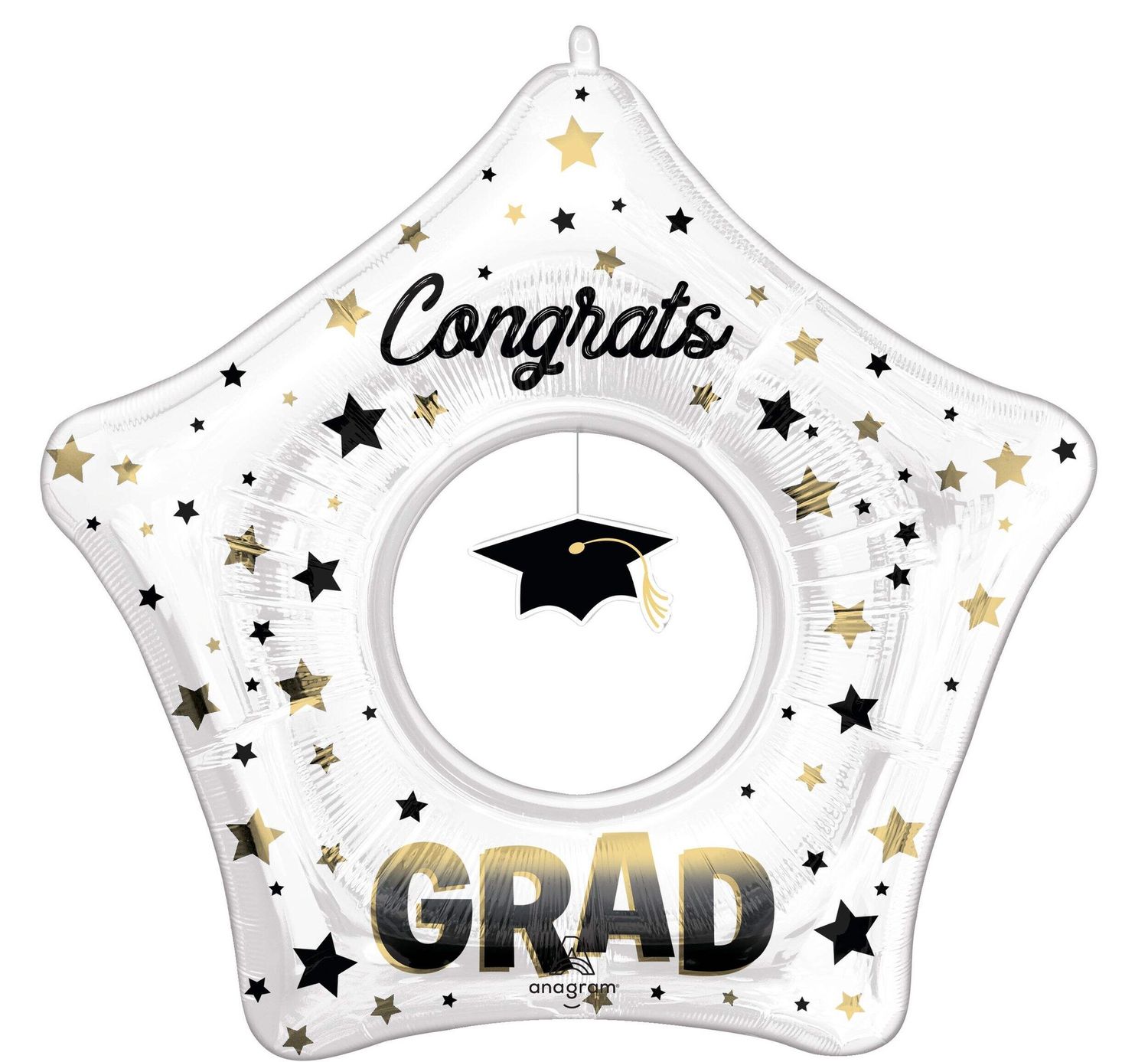 &quot;Congrats Grad&quot; Star Satin Foil Balloon with Dangler Graduation Cap, White/Gold, 33-in, Helium Inflation &amp; Ribbon Included