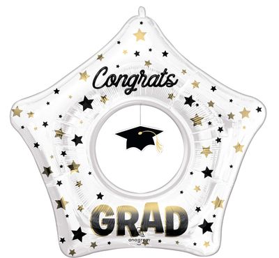 &quot;Congrats Grad&quot; Star Satin Foil Balloon with Dangler Graduation Cap, White/Gold, 33-in, Helium Inflation &amp; Ribbon Included