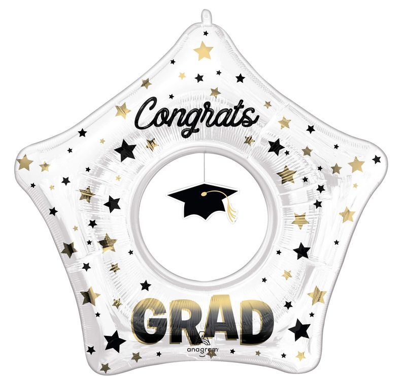 &quot;Congrats Grad&quot; Star Satin Foil Balloon with Dangler Graduation Cap, White/Gold, 33-in, Helium Inflation &amp; Ribbon Included