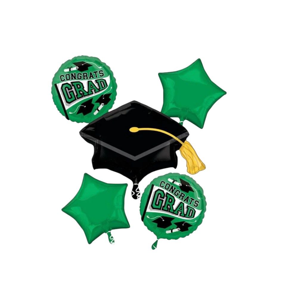 &quot;Congrats Grad&quot; Graduation Cap/Star Satin Foil Balloon Bouquet – Green/Black (5-Pack)