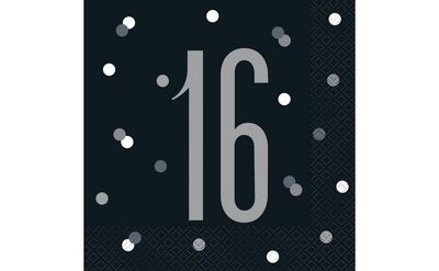 Glitz Black &amp; Silver Luncheon Napkins – 16ct (16th Birthday)