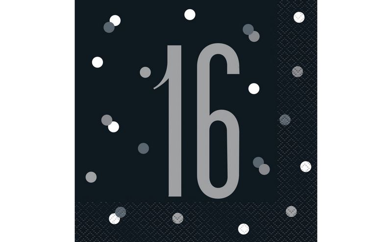 Glitz Black &amp; Silver Luncheon Napkins – 16ct (16th Birthday)