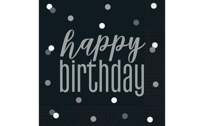 Glitz Black &amp; Silver &quot;Happy Birthday&quot; Luncheon Napkins – 16ct