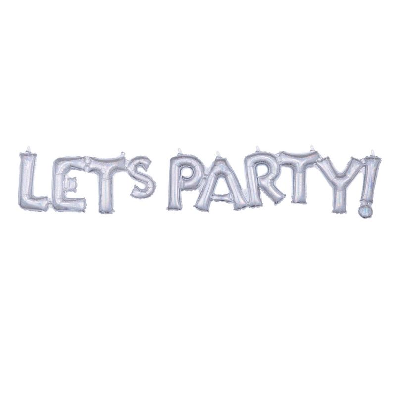 &quot;Let&#39;s Party&quot; Letters Satin Foil Balloon, Prismatic Silver, 54x9-in, Air-Filled for Graduation/Engagement/Birthday/Retirement