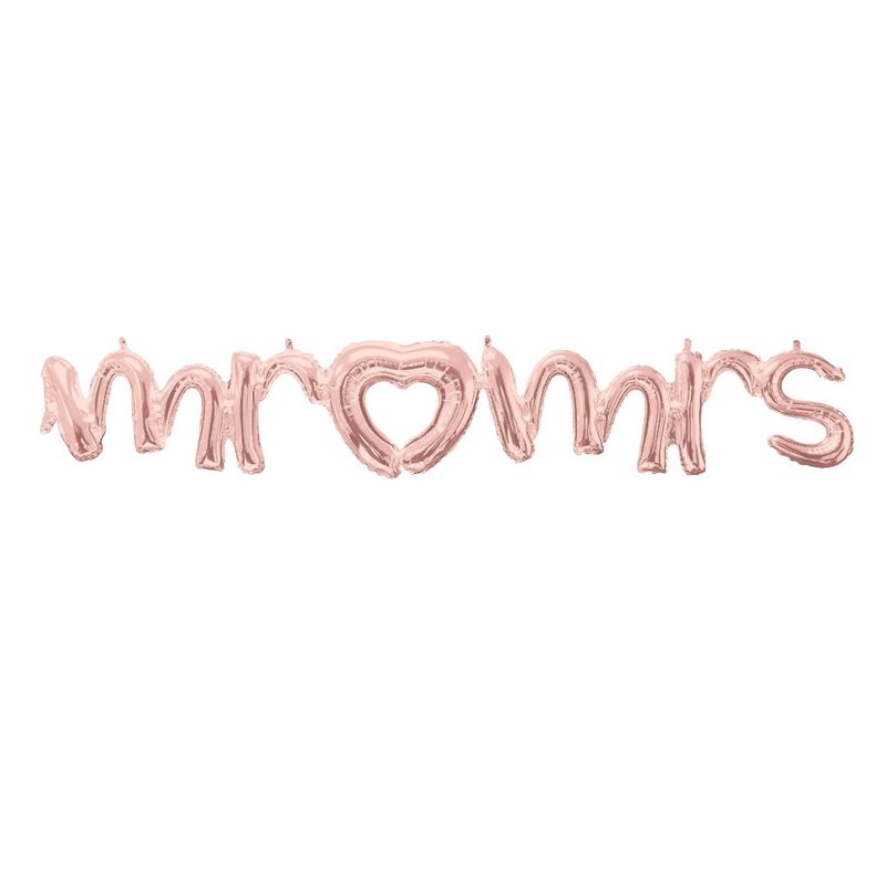 &quot;Mr and Mrs&quot;Cursive Letters Satin Foil Balloon, Rose Gold, 59x10-in, Air-Filled for Engagement/Wedding