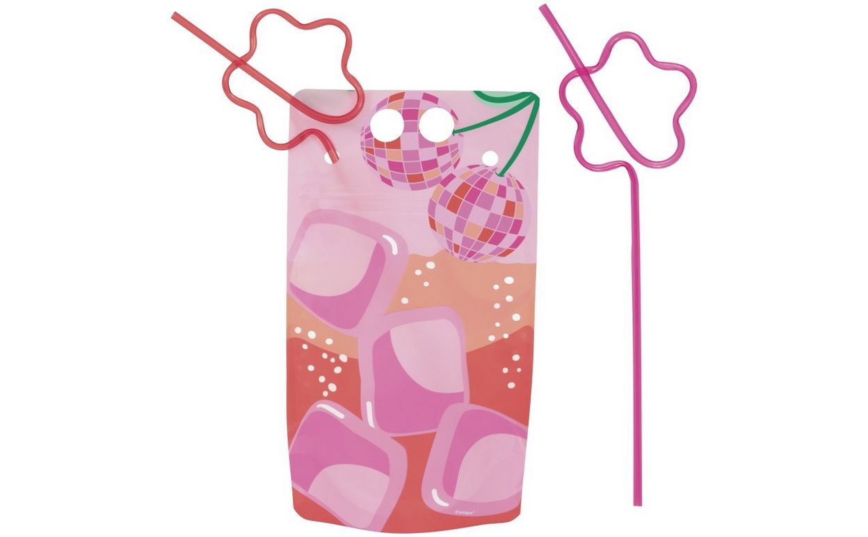 Summer Disco 18oz Drink Pouches with Flower Shaped Straws  4ct