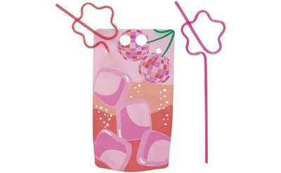 Summer Disco 18oz Drink Pouches with Flower Shaped Straws  4ct