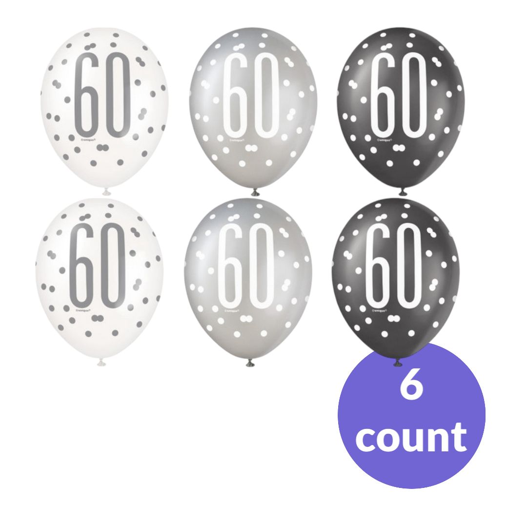 Glitz Black Number 60 Assorted Latex Balloons – 6ct (12&quot;) un-inflated
