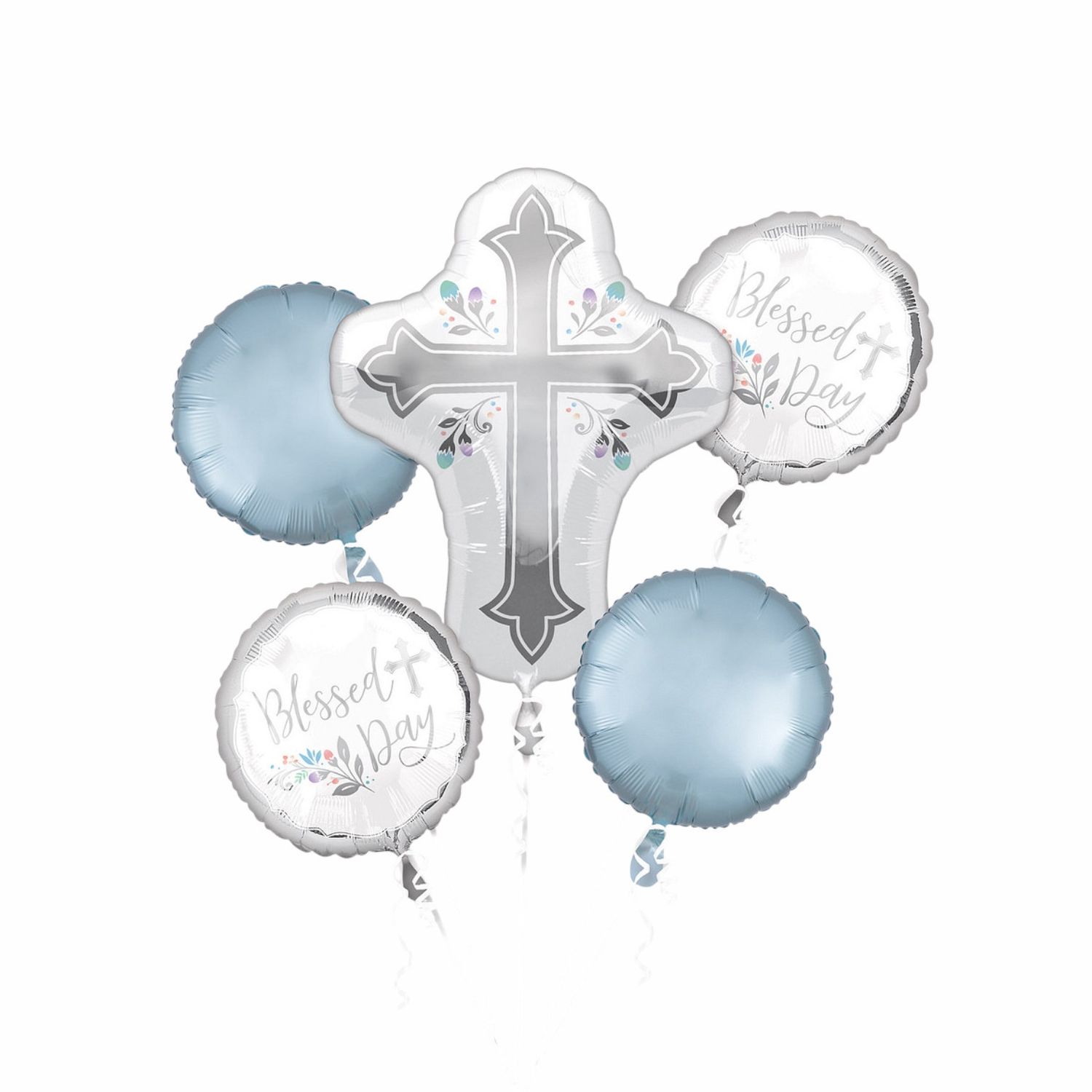Holy Day &quot;Blessed Day&quot; Cross Satin Foil Balloon Bouquet, Blue/Silver, 5-pk (un-filled)