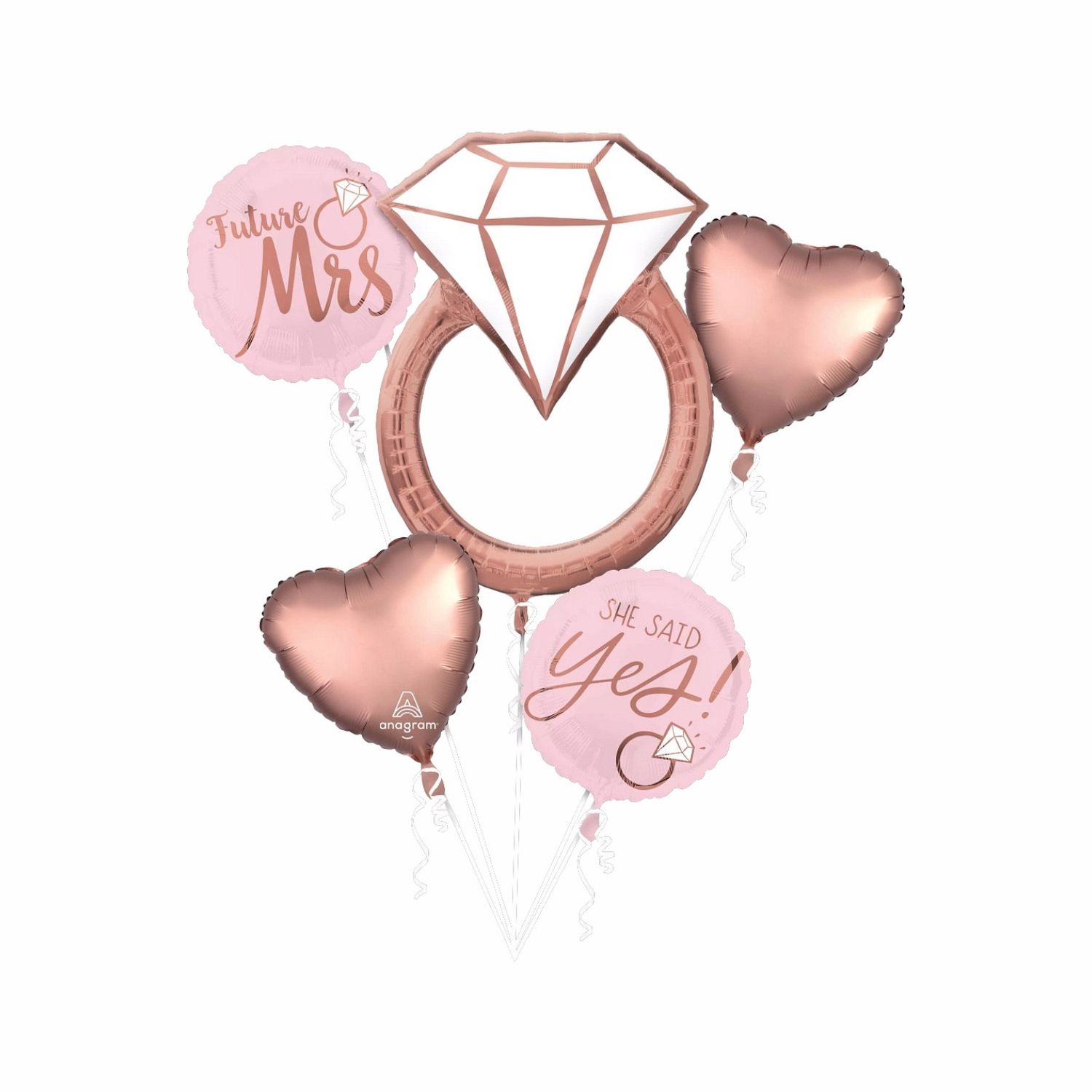 &quot;Future Mrs&quot; Diamond Ring/Heart Satin Foil Balloon Bouquet, Rose Gold/Pink, 5-pk,Un-filled