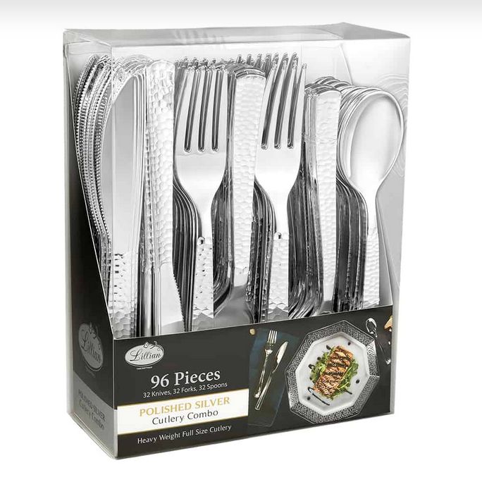 Pebbled Metallic Premium Plastic Cutlery Combo 96ct