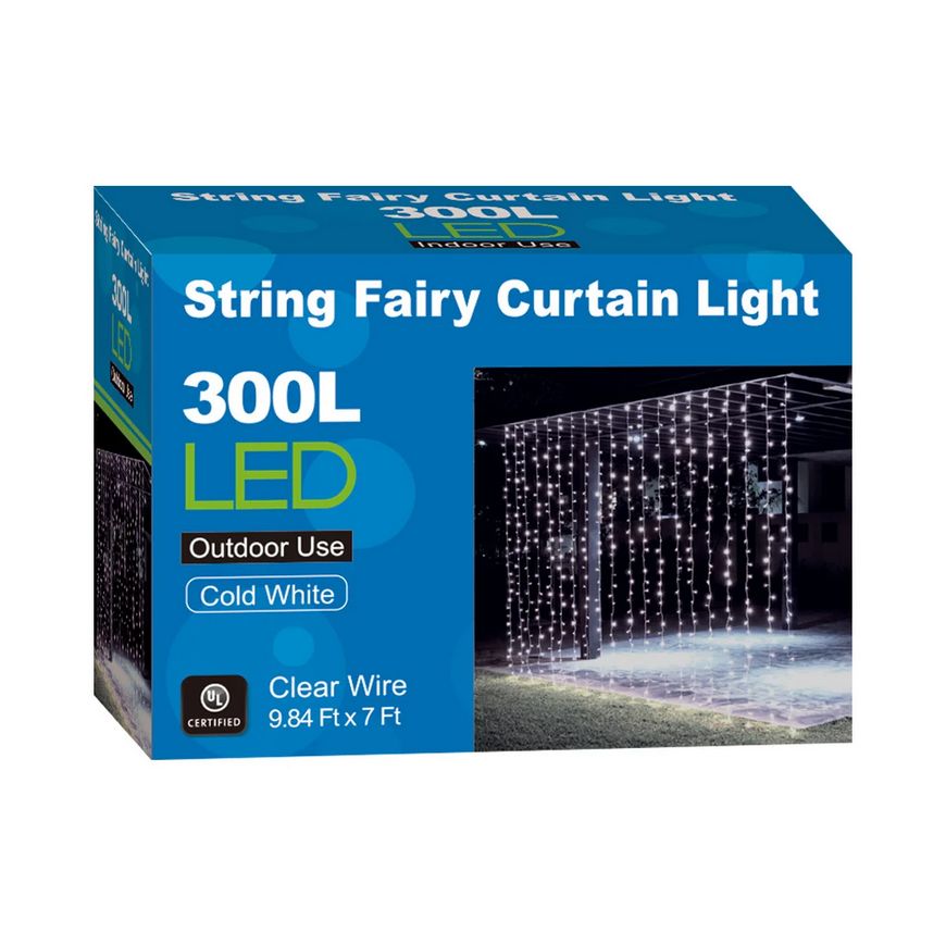 String Fairy Curtain Lights – White, 300 LEDs (10 Strings)