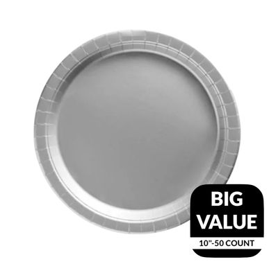 Silver Solid Round 10&quot; Dinner Plates – 50ct