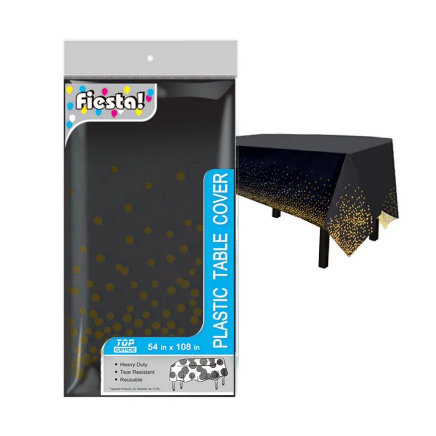 Black color with Gold Confetti Rectangular Plastic Table Cover – 54&quot; x 108&quot;