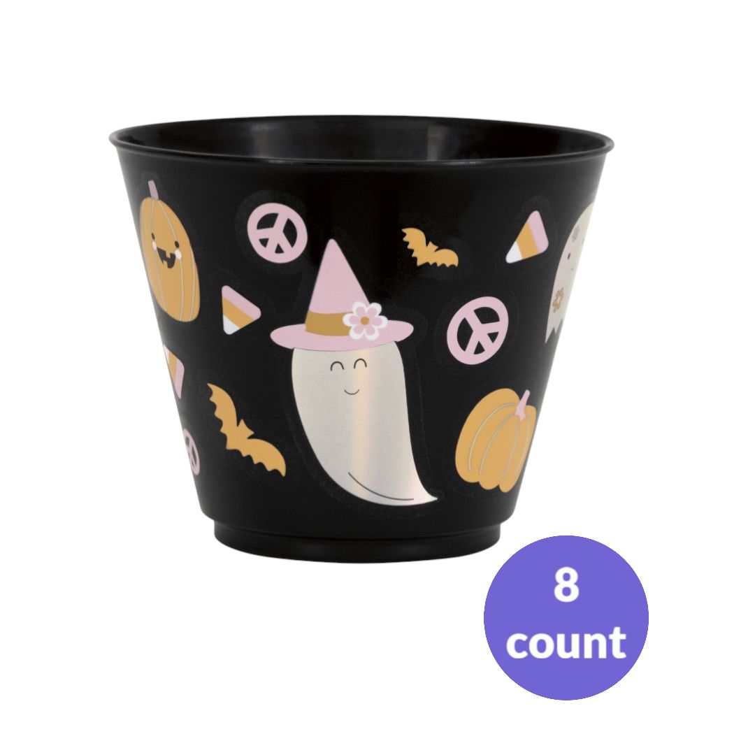 Groovy Halloween Mini Reusable Plastic Tumblers – 9oz, 8ct, Iridescent Foil Stamping