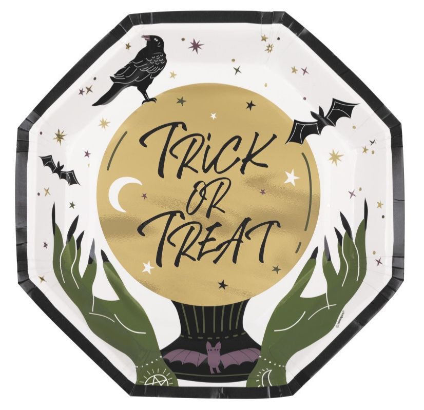 Celestial Halloween &quot;Trick or Treat&quot; Octagon Shaped Dinner Plates  8ct - Foil Stamping
