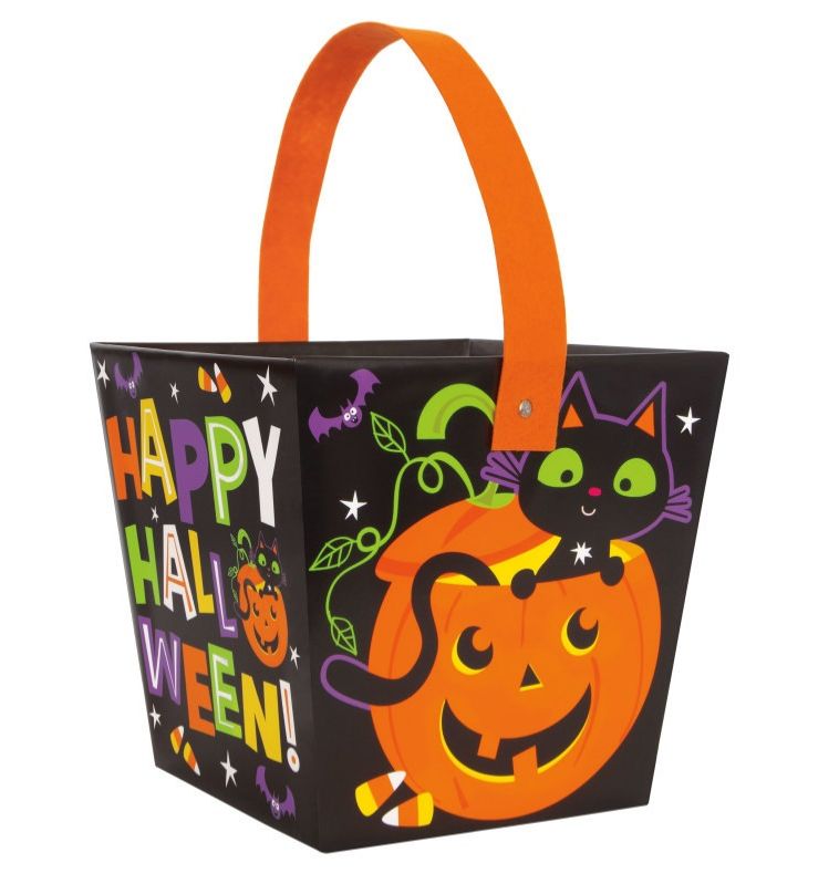 Cat &amp; Pumpkin Halloween Paper Board Bucket – 8&quot; x 8&quot; x 7.5&quot;