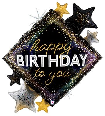 Happy Birthday Metallic Diamond Stars Holographic Foil Balloon – 38&quot;