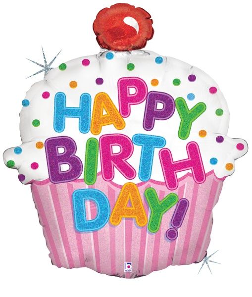 Happy Birthday Cupcake Holographic Foil Balloon – 24&quot;