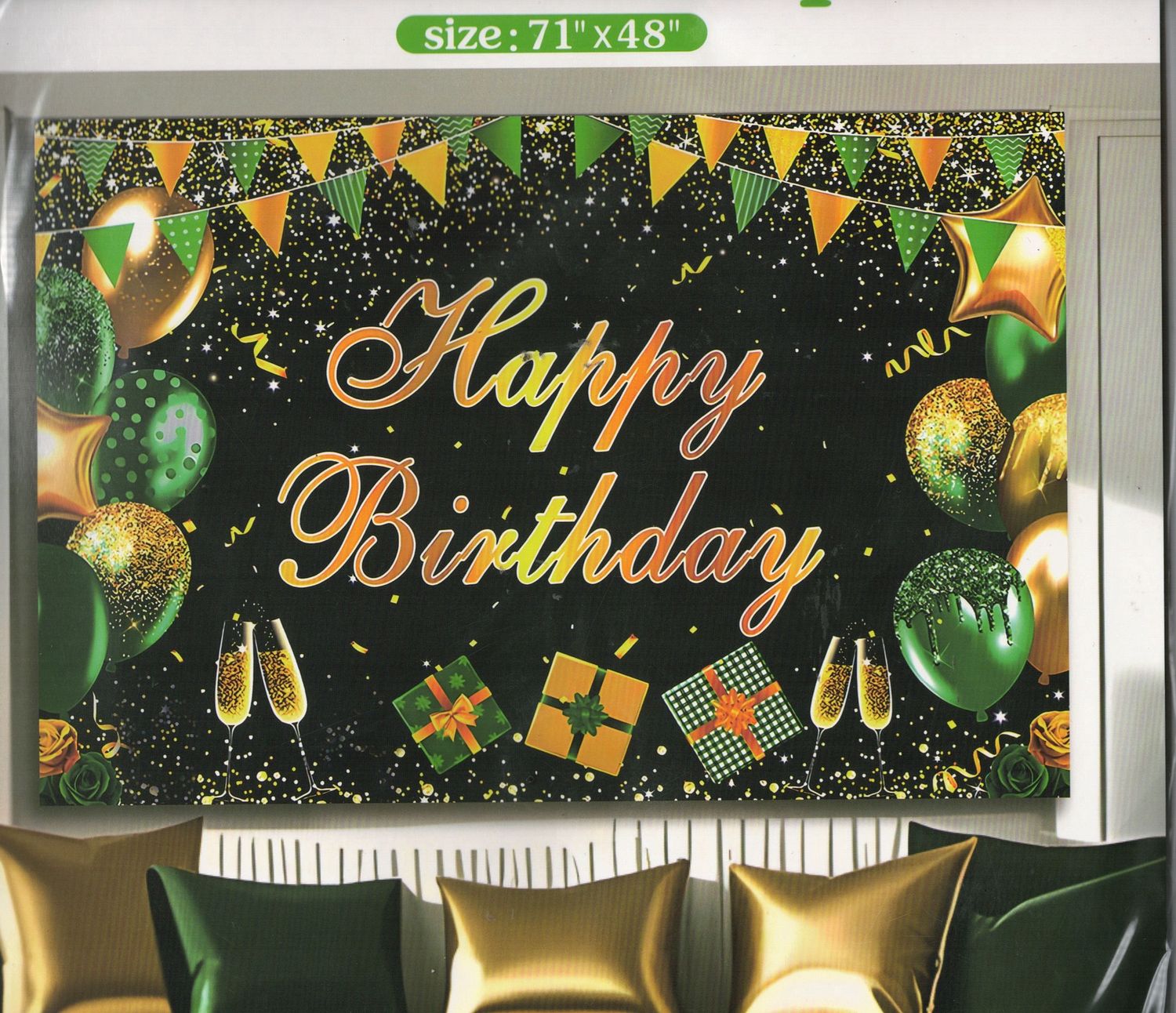 Happy Birthday Green &amp; Gold Polyester Backdrop – 71&quot; x 48&quot;