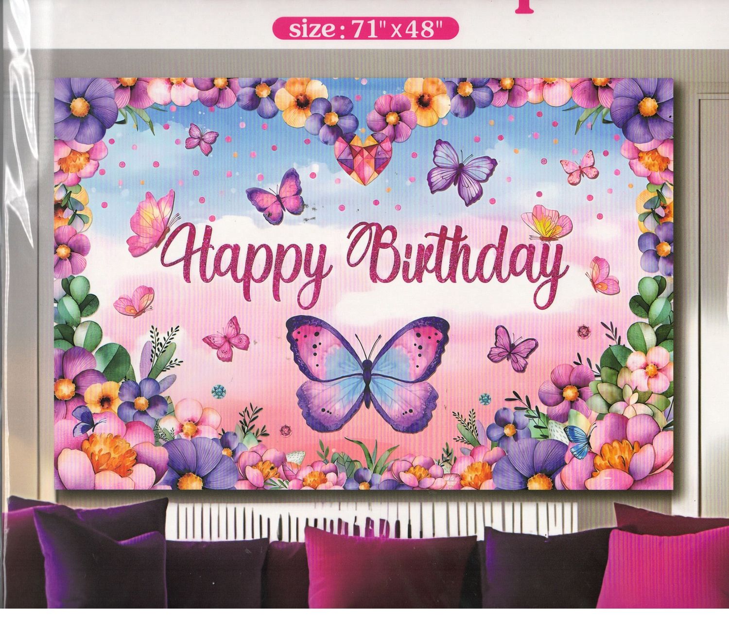 Happy Birthday butterfly w flower Polyester Backdrop – 71&quot; x 48&quot;