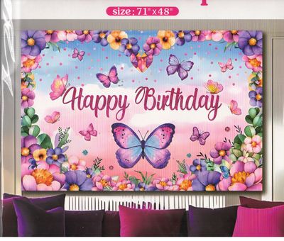 Happy Birthday butterfly w flower Polyester Backdrop – 71&quot; x 48&quot;