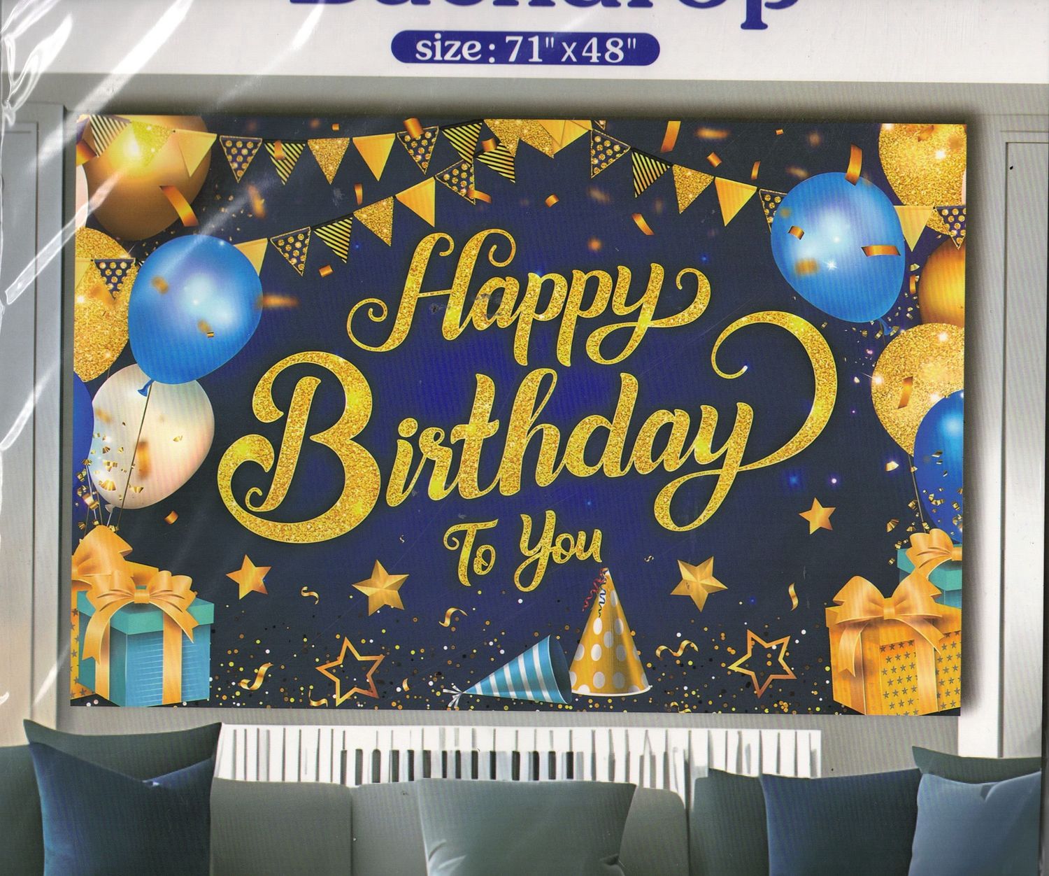 Happy Birthday to you royal-blue ans gold Accesent Polyester Backdrop – 71&quot; x 48&quot;