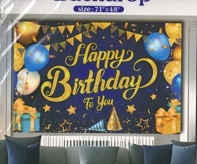 Happy Birthday to you royal-blue ans gold Accesent Polyester Backdrop – 71&quot; x 48&quot;