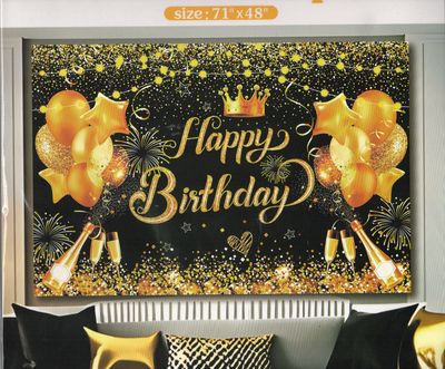 Happy Birthday black &amp; gold glitz w royal touch Polyester Backdrop – 71&quot; x 48&quot;