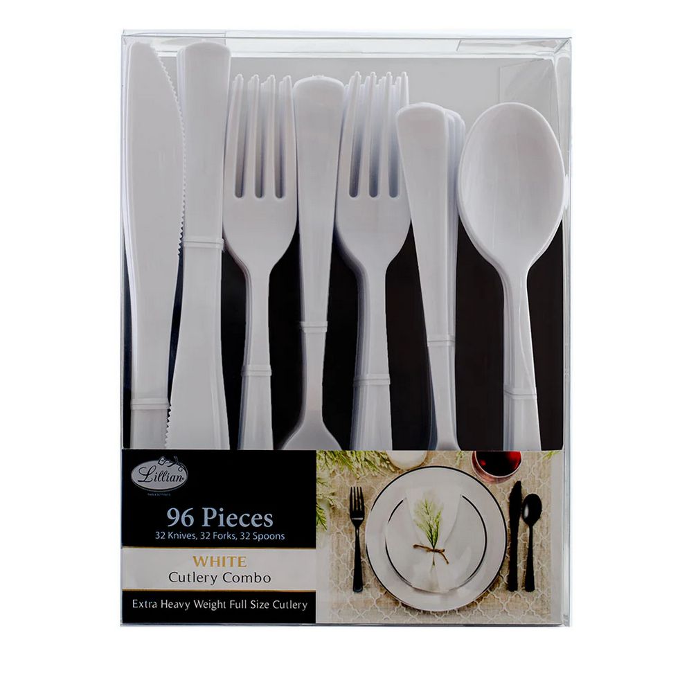 White Plastic Premium Cutlery Combo Set – 96 Pieces