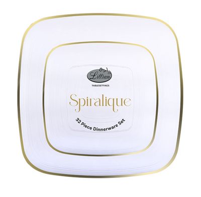 Spiralique Premium Square Combo Dinnerware Set – Clear with Gold Rim, 32ct