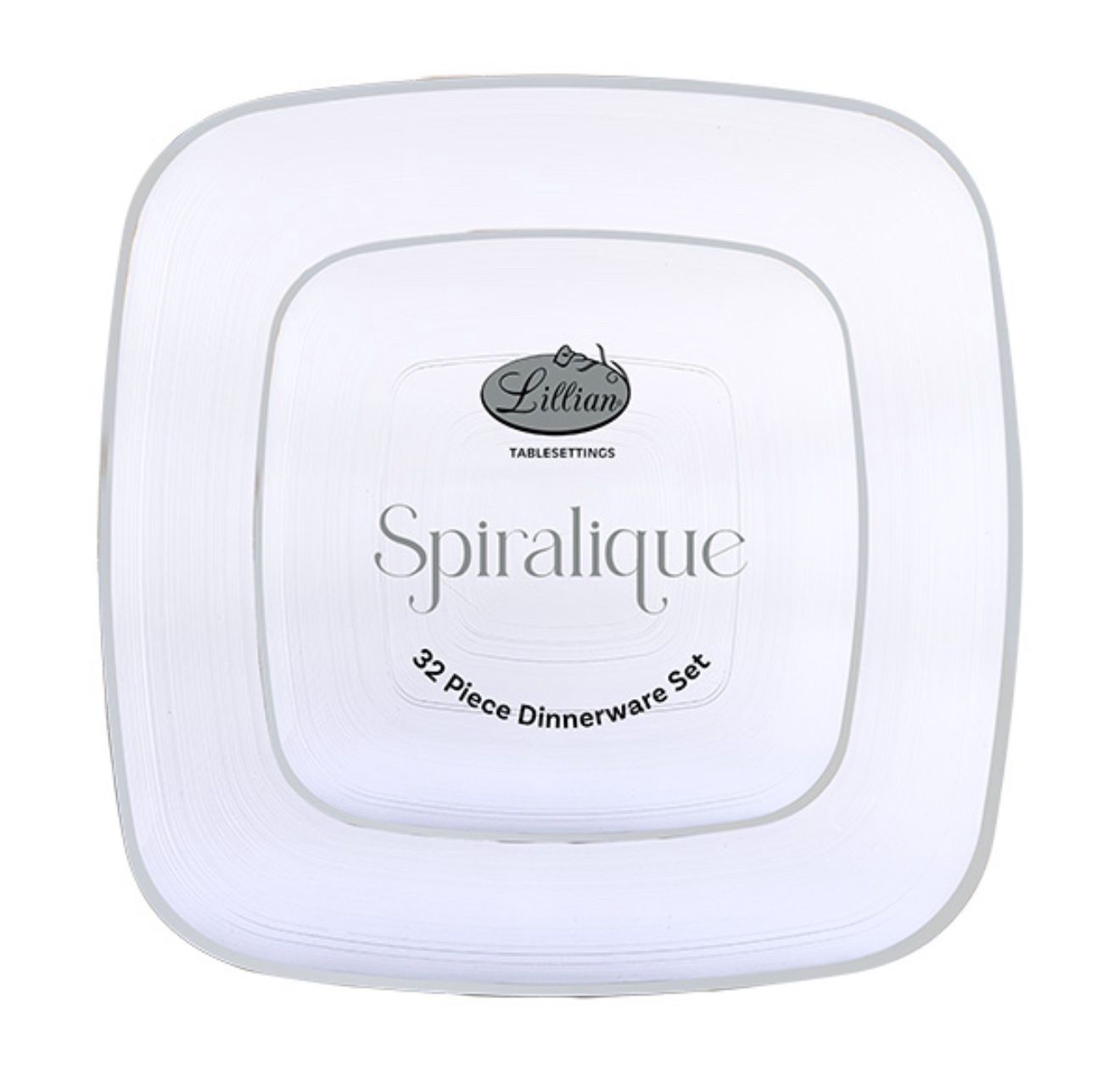 Spiralique Premium Square Combo Dinnerware Set – Clear with Silver Rim, 32ct