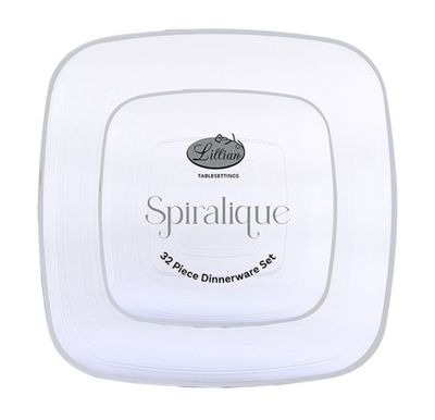 Spiralique Premium Square Combo Dinnerware Set – Clear with Silver Rim, 32ct