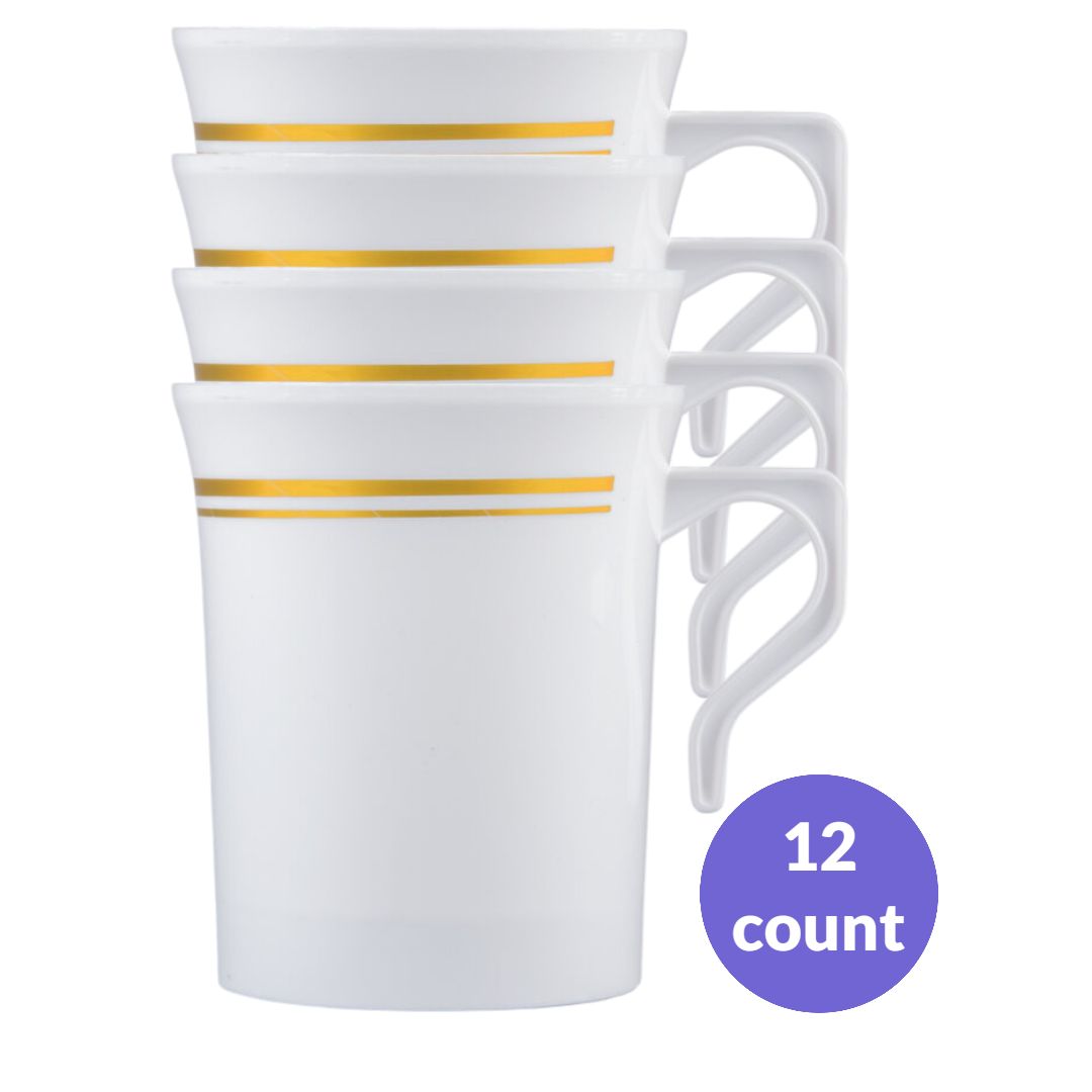 8 oz. White Plastic Coffee Mugs with Gold &amp; Silver Bands – 12ct, Color: Gold