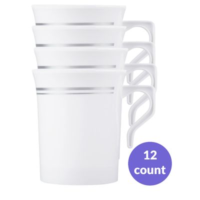 8 oz. White Plastic Coffee Mugs with Gold &amp; Silver Bands – 12ct