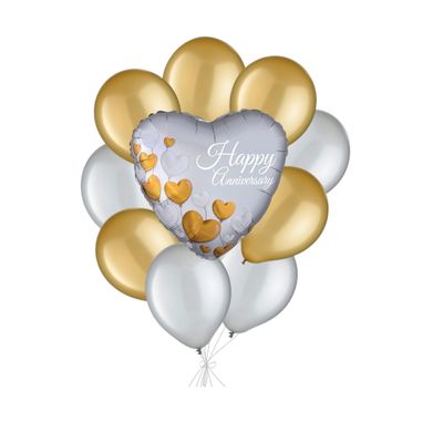 Happy Anniversary Balloon Bouquet – 10 Piece Set (Platinum Hearts Satin Luxe)