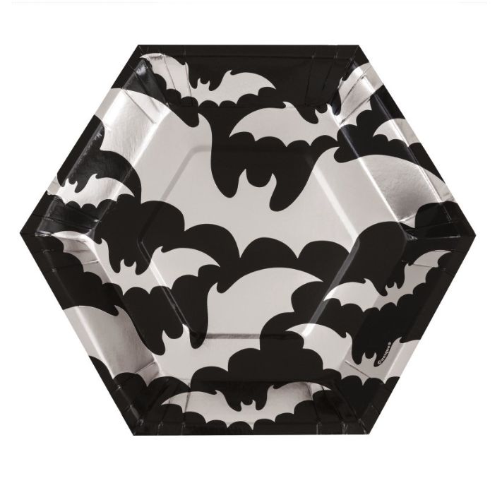 Silver Bats Halloween Hexagon Shaped Dinner Plates 9.25&quot; – 8ct, Foil Stamped
