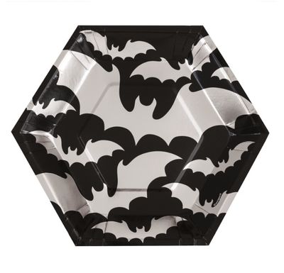 Silver Bats Halloween Hexagon Shaped Dinner Plates 9.25&quot; – 8ct, Foil Stamped