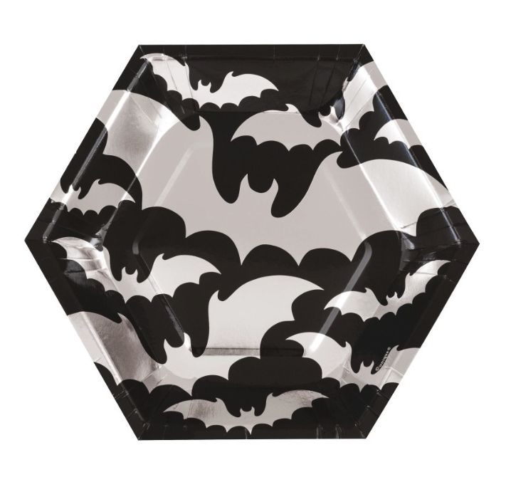 Silver Bats Halloween Hexagonal Dessert Plates 8.25&quot; – 8ct, Foil Stamped