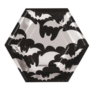 Silver Bats Halloween Hexagonal Dessert Plates 8.25&quot; – 8ct, Foil Stamped