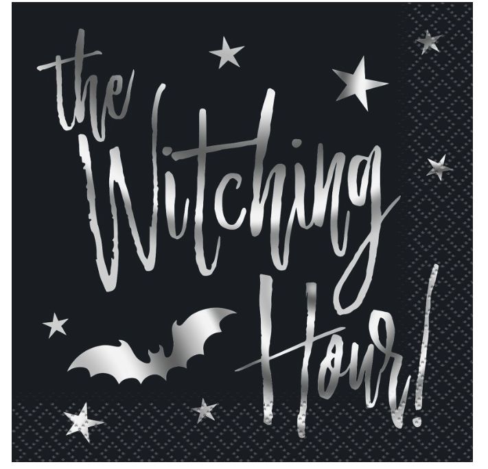 Silver Bats Halloween &quot;The Witching Hour!&quot; Beverage Napkins  20ct - Foil Stamping