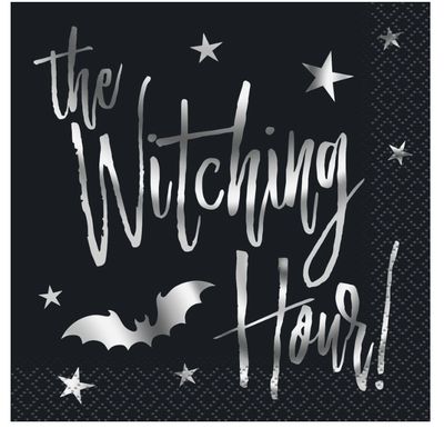 Silver Bats Halloween &quot;The Witching Hour!&quot; Beverage Napkins  20ct - Foil Stamping