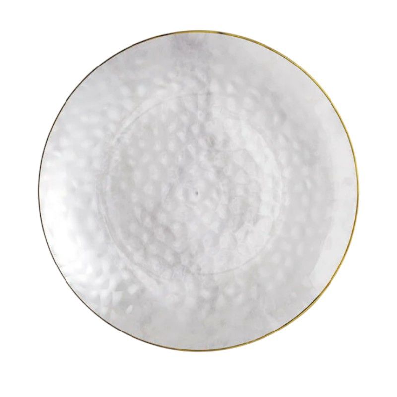 10" Clear Round Hammered Plastic Coupe Plate with Gold Band 10CT 10" Clear Round Hammered Plastic Coupe Plate with Gold Band 10CT