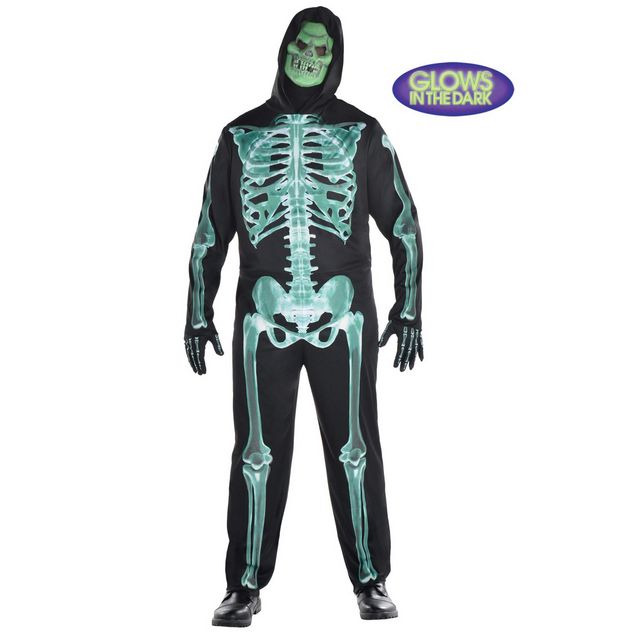 Adult X-Ray Skeleton Black/Green Glow-in-the-Dark Jumpsuit with Mask &amp; Gloves, Sizes: Plus XXL