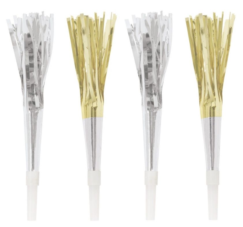 Silver &amp; Gold Foil Party Horns – 4ct