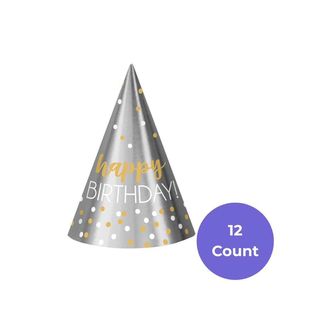 Birthday Accessories Silver &amp; Gold Printed Cone Hats – 12ct, 7&quot;