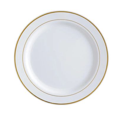 10&quot; White Plastic Plates with Gold Bands 10ct
