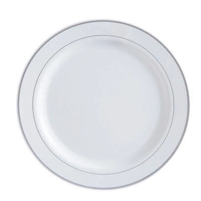 10&quot; White Plastic Plates with Silver Bands 10ct