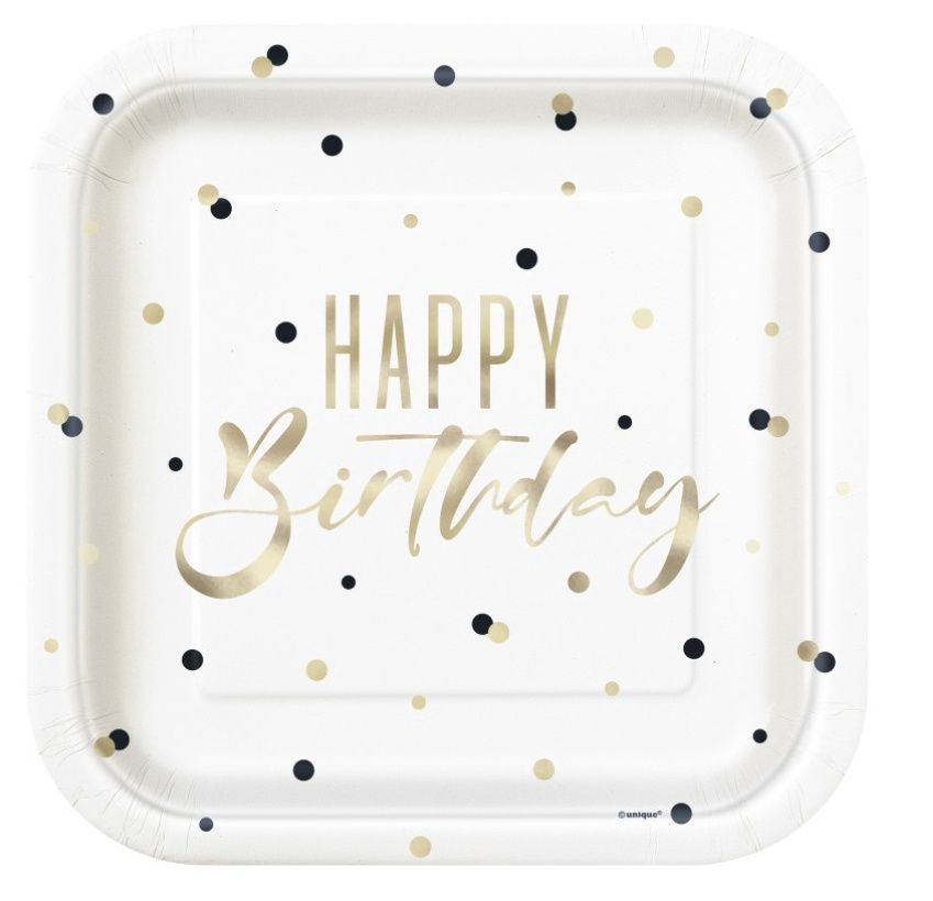Gold “Happy Birthday” Square Dinner Plates – 9&quot;, 8ct (Foil Stamping)