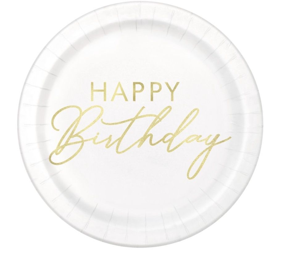 Gold “Happy Birthday” Round Dessert Plates – 7&quot;, 8ct (Foil Stamping)